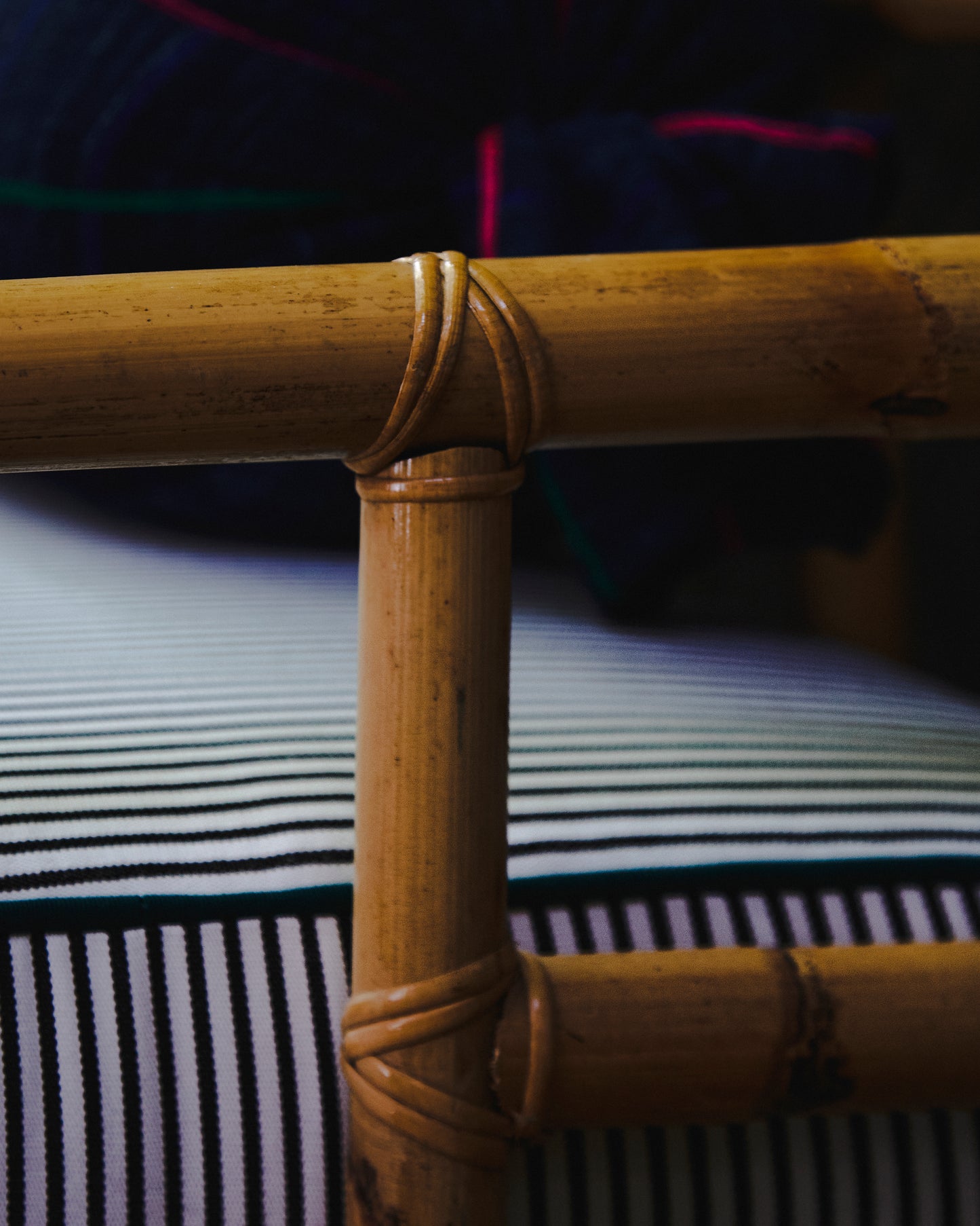 Bamboo sofa with striped mattress