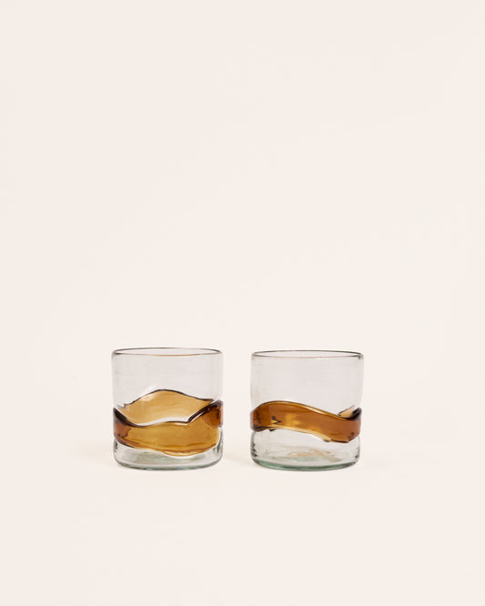 <tc>Pair of small topaz spatter glasses</tc>