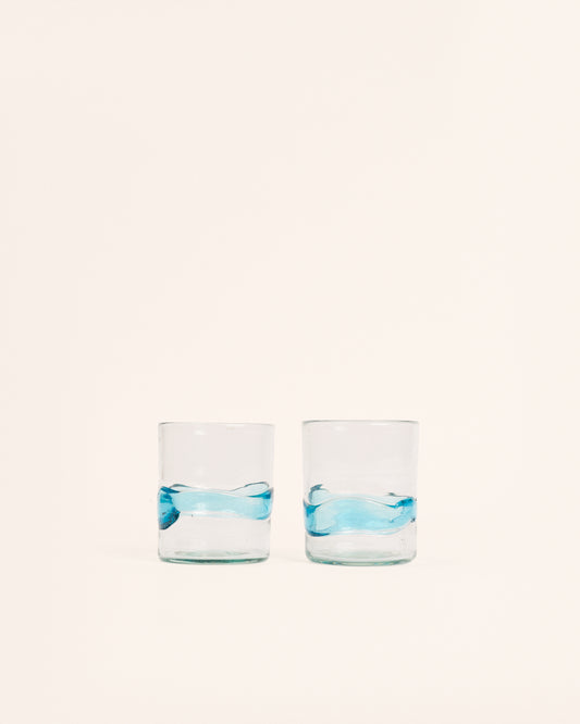 <transcy>Pair of medium turquoise spatter glasses</transcy>
